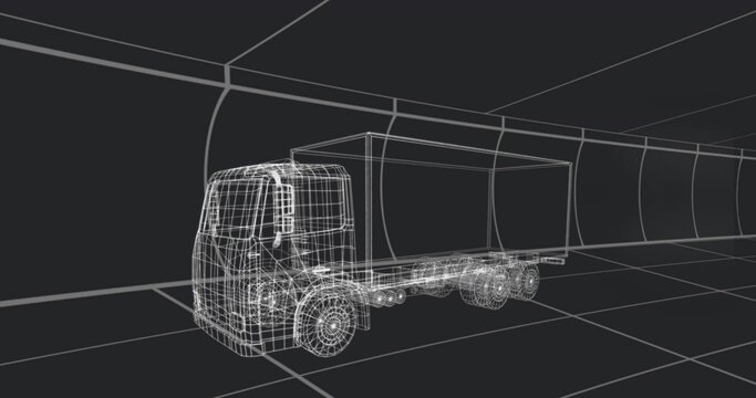 Sitting wireframe box truck model centered in curved tunnel, showing cargo box, wheels and grid - Powered by Adobe