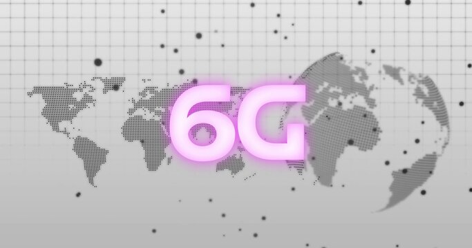 Displaying glowing neon-pink 6G text floating above halftone map and partial globe, with grid nodes - Powered by Adobe