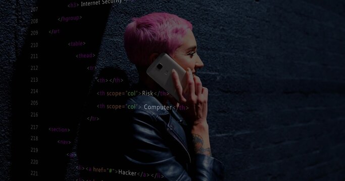 Talking woman in jacket holding phone to ear, forearm tattoo, brick wall, code overlay, copy space - Powered by Adobe