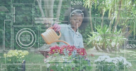Watering girl in pale blue top pouring water on pots in garden with orange-wateringcan and overlay