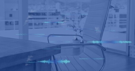 Showing office chair facing wooden table by glass windows with waveform overlays, copy space
