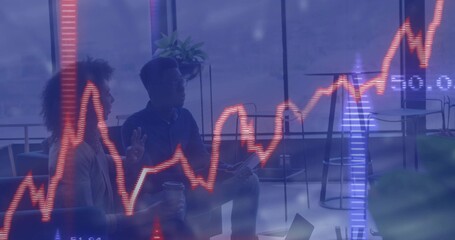 Talking team wearing business attire holding coffee cup, tablet in office lounge with chart overlay