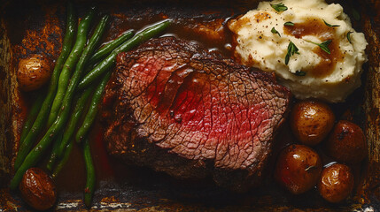 A close-up of a medium-rare roast beef slice with crispy edges, served with a side of mashed potatoes, green beans, and drizzled with rich brown gravy