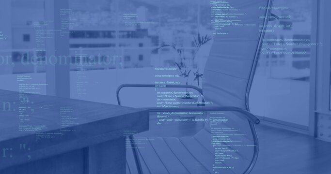 Sitting metal frame swivel chair near wood table by glass windows with code overlay, copy space