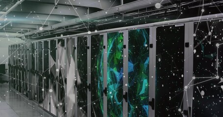 Extending row of server racks with glass fronts and teal panels in data center, network overlay © vectorfusionart