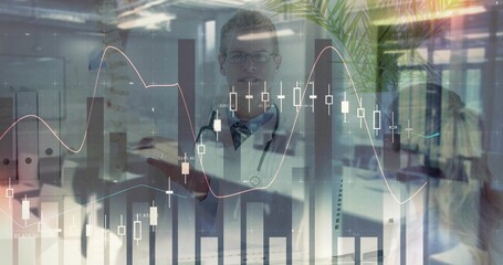 Pointing doctor in white lab coat with stethoscope in clinic, showing candlestick chart overlays