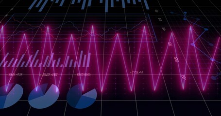 Pulsing neon magenta waveform dominating dark grid, showing bars, blue pies, thin lines, labels