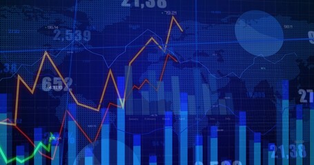 Displaying financial charts and graphs on dashboard, showing vertical bars, colored lines, labels