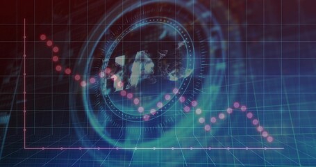 Displaying holographic globe with HUD rings over virtual grid, showing pink dotted downtrend © vectorfusionart