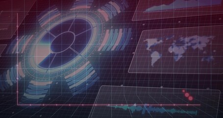 Displaying large circular holo interface left over 3D grid, HUD panels worldmap waveform red dots