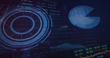 Obraz premium Showing concentric HUD left on trading UI, with pie chart, line charts, percent labels, copy space