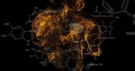 Glowing orange brain point-cloud floating in black field, showing mesh, chemical formulas, ACh 5HT