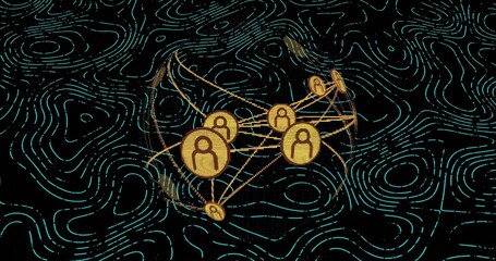 Floating cluster of golden avatar nodes linking with thin lines inside mesh ring with teal contours