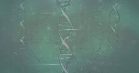 Featuring central DNA double helix floating in teal-green backdrop, with network lines and glyphs
