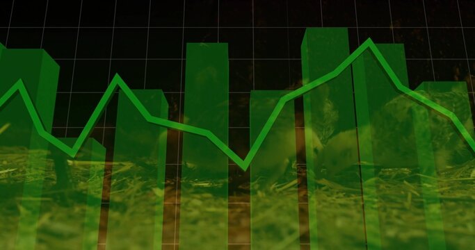 Displaying translucent green 3D bars on dark grid chart, showing bright polyline and grass texture - Powered by Adobe