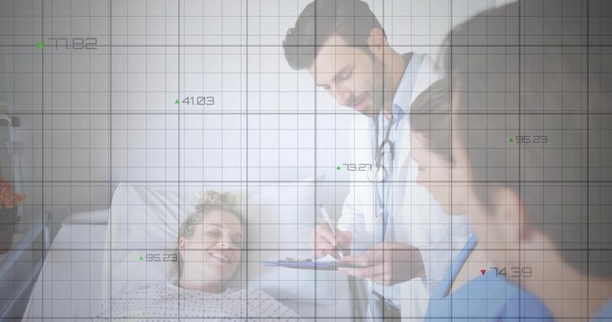 Examining doctor in white coat, nurse in scrubs assessing patient on hospital bed, with data grid