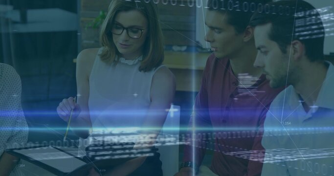 Pointing woman holding stylus guiding team at office table, in business casual, with tablet overlay - Powered by Adobe