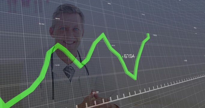Standing doctor wearing lab coat, tie, stethoscope in clinic behind 3D grid, green line graph - Powered by Adobe