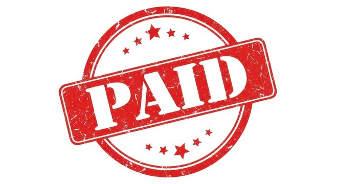 Red grunge paid stamp with stars isolated on white background for payment confirmation