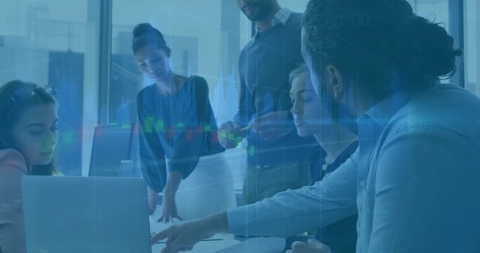 Pointing man guiding 5 team in business casual in office, reviewing laptop with charts overlay