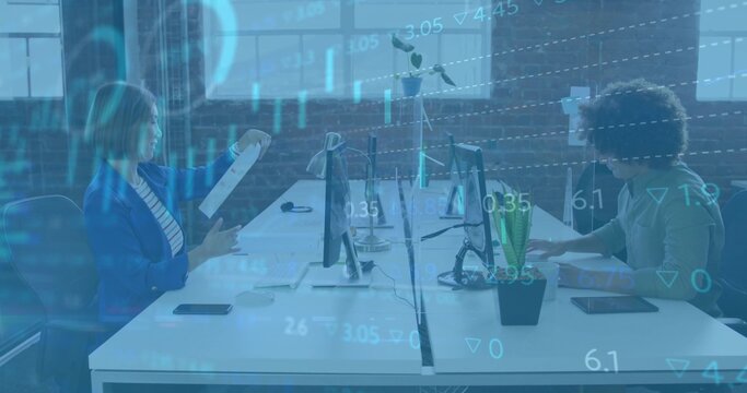 Reading woman in blue blazer holding paper at modern office bench with screen and data overlay