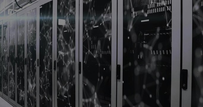 Glowing server cabinets showing glass doors, switches and cables in data center, showing overlay