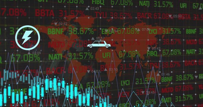 Showing faint world map on trading screen with tickers red or green numbers energy or car icons cand