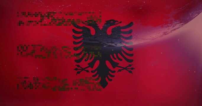 Naklejki Displaying black two-headed eagle emblem crossing over red space field with moon green pixels stars
