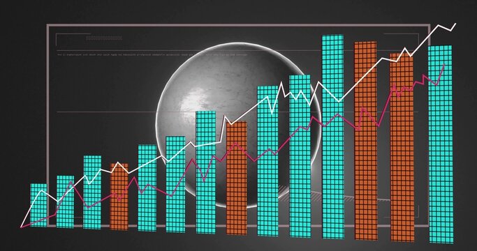 Displaying chart on dark dashboard, showing cyan orange bars, white magenta lines, orb, frame