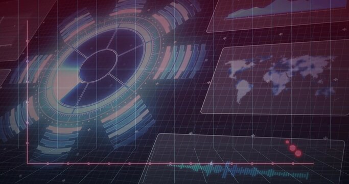 Displaying large circular holo interface left over 3D grid, HUD panels worldmap waveform red dots