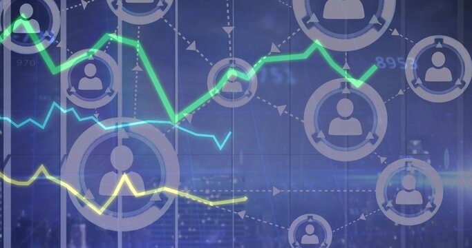 Displaying network dashboard on glass panel, showing user nodes, dashed arrows, three trend lines