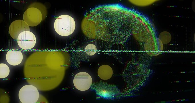 Displaying multicolor point-cloud globe rotating and reflecting in virtual HUD, with waveform band - Powered by Adobe
