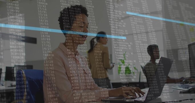 Typing middle-aged woman in light blazer working at office desk with keyboard monitor data overlay - Powered by Adobe