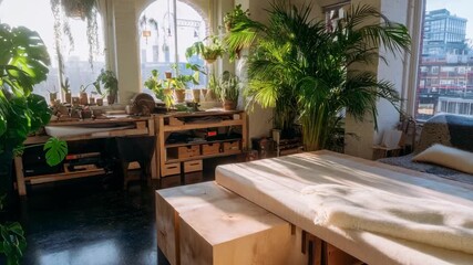 Ecofriendly yak wool processing using sustainable lowimpact methods in a bright modern studio filled with natural light and green plants.