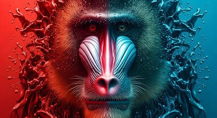 Primal Contrast: Mandrill Portrait in Electric Red and Blue Liquid Art