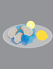 A vector art of a plate of oysters with a slice of lemon on a bunch of ice cubes.