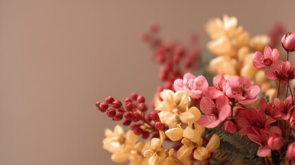 Obraz premium Beautiful arrangement of colorful floral blooms showcasing vibrant flowers in soft focus against a neutral background ideal for floral design and decoration