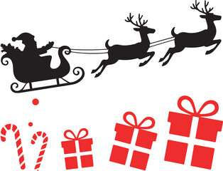 Christmas santa claus reindeer sleigh gifts candy canes vector graphic silhouette