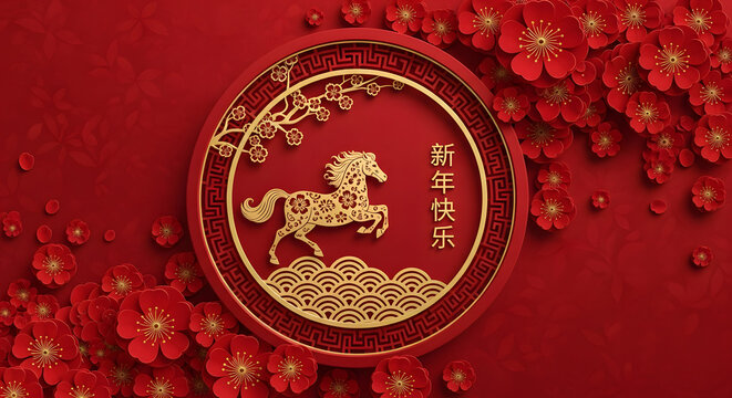 Happy Chinese New Year Horse in Gold Paper Cut with Red Blossoms