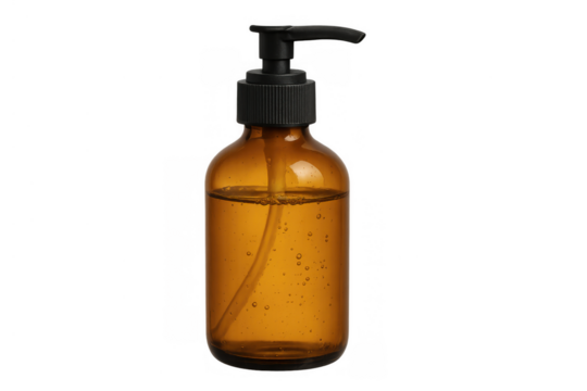 Amber glass pump bottle with liquid soap, cosmetic product for skin care and body hygiene on transparent background