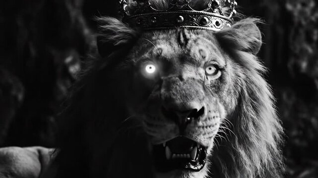 Majestic lion portrait in black and white with crown