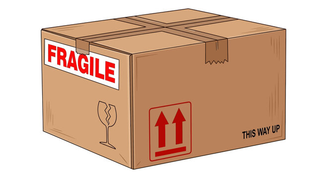 Brown Cardboard Shipping Box with Fragile and This Way Up Labels