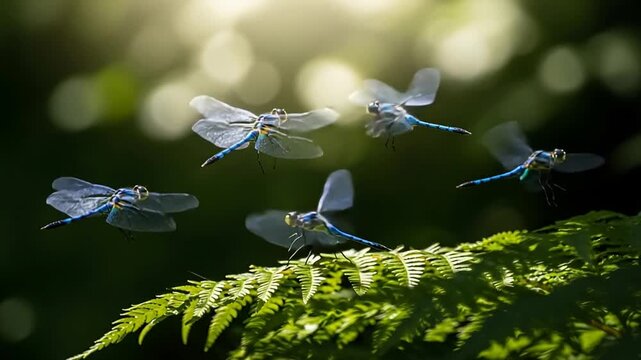 Blue dragonflies group flying over vibrant green fern in sun-dappled forest wildlife nature.