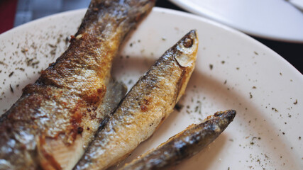 Montenegrin cuisine, fish assortment platter, fried grilled crucian carp steak, roasted pastrmka and bleak on plate with lemon and salad served in a restaurant in Montenegro, Skadar lake, Virpazar