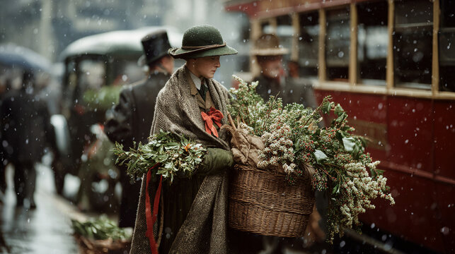 Vintage street seller carrying a heavy basket of holly and mistletoe near a red bus on a snowy London street