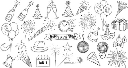 Hand-drawn New Year's Eve celebration doodle set with party elements, fireworks, champagne, hats, balloons, and gifts, perfect for festive designs.