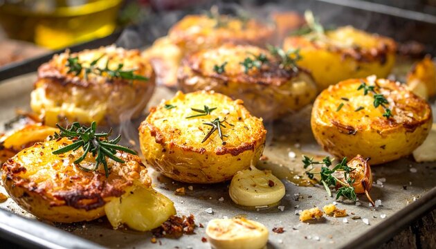Golden-brown crispy smashed potatoes with crackling edges, scattered with fresh rosemary and thyme leaves, baking on a rustic metal sheet pan. Olive oil glistens on the craggy surfaces as steam rises  - Powered by Adobe
