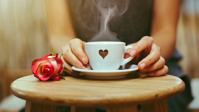 Woman's hands cradling a steaming coffee cup with a heart shaped foam beside a red and white rose on a wooden table, evoking cozy romance and warm morning comfort