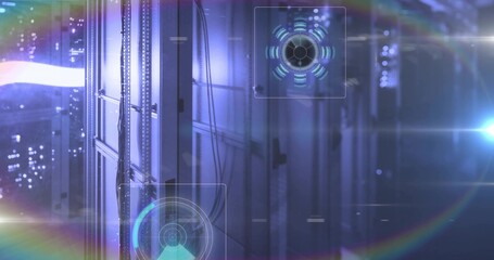 Glowing server racks and cable rails showing LED indicators in data center corridor, with HUD