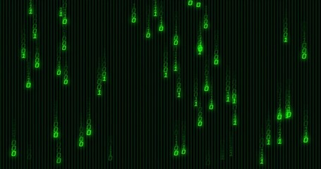 Cascading neon green binary columns filling dark cyber field, with glowing digits and motion trails